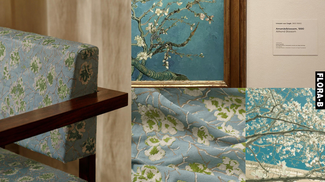 Vintage Floral Satin Chenille Jacquard Fabric, Van Gogh Almond Blossom Inspired Quiet Luxury Upholstery Fabric FLORA-B