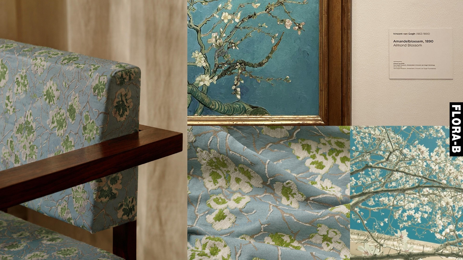 Vintage Floral Satin Chenille Jacquard Fabric, Van Gogh Almond Blossom Inspired Quiet Luxury Upholstery Fabric FLORA-B