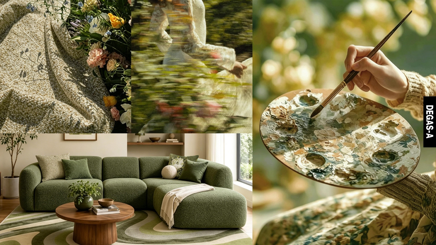 Moss Green Melange Yarn Impressionist Oil Painting Old Money Wabi Sabi Sofa Upholstery Fabric